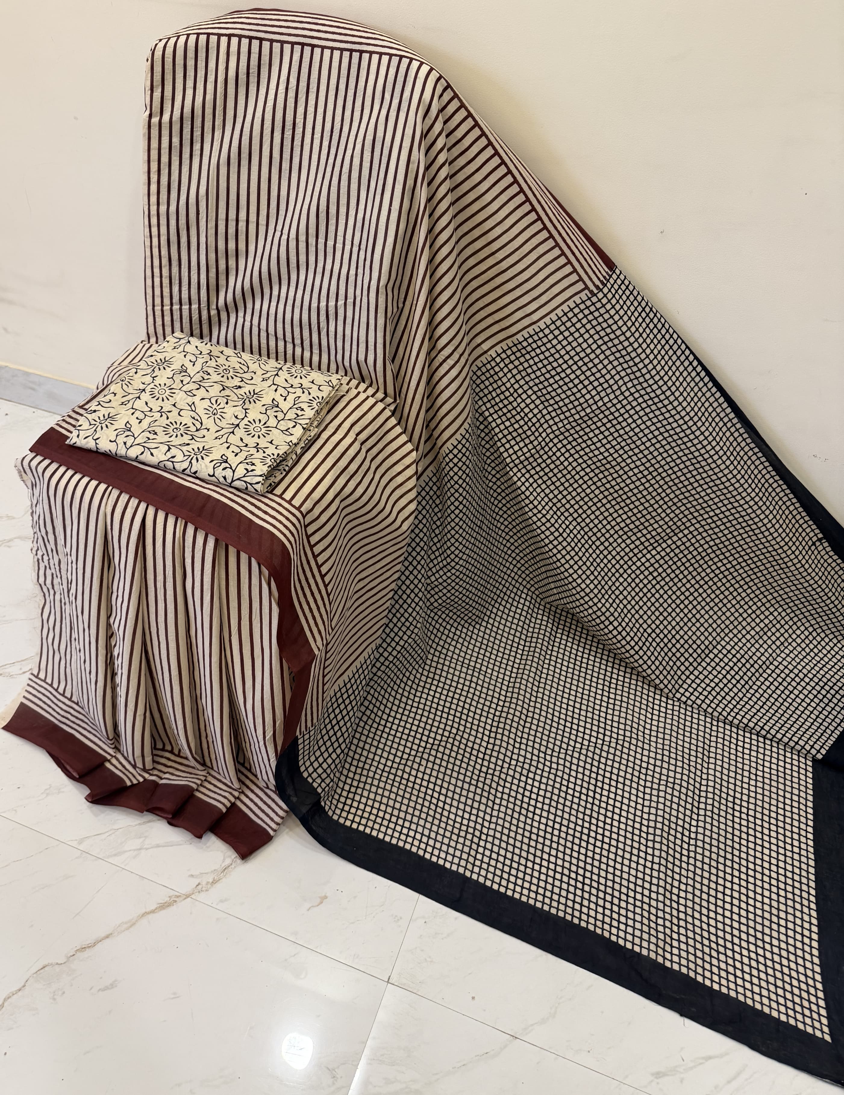 Cotton mulmul handblock printed saree wholesale with Ajrakh striped pattern